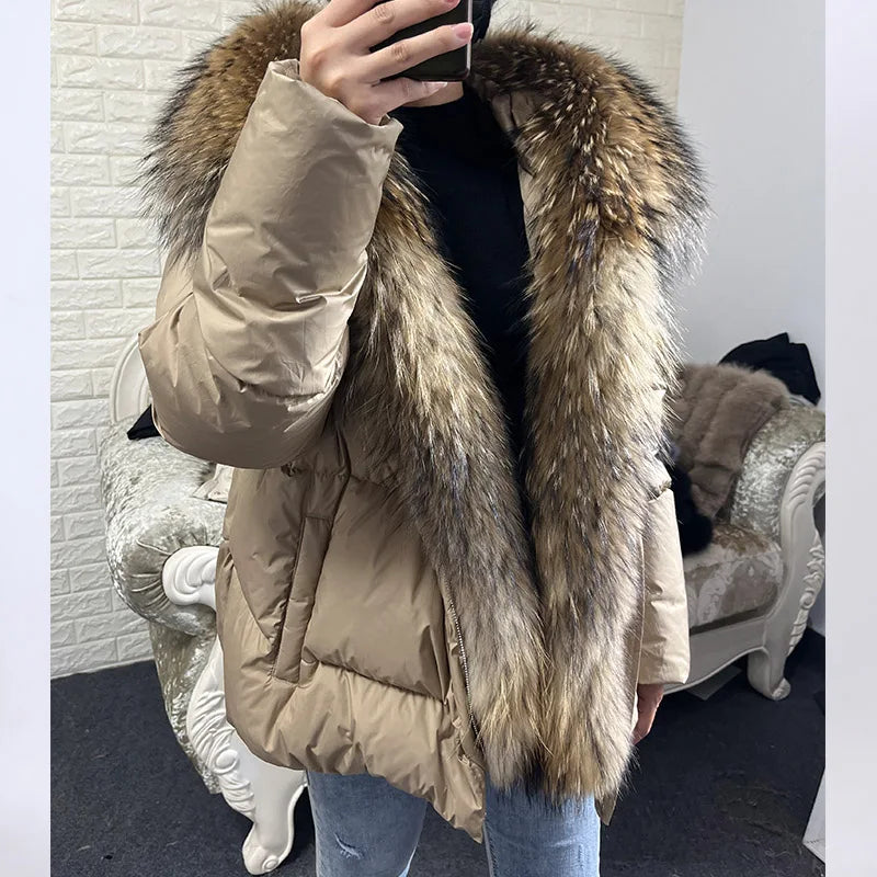 Damen-Entendaunenjacke mit Fuchspelzkragen, leger, Winter