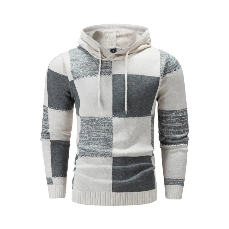 Men's Hooded Printed Knit Pullover Sweater