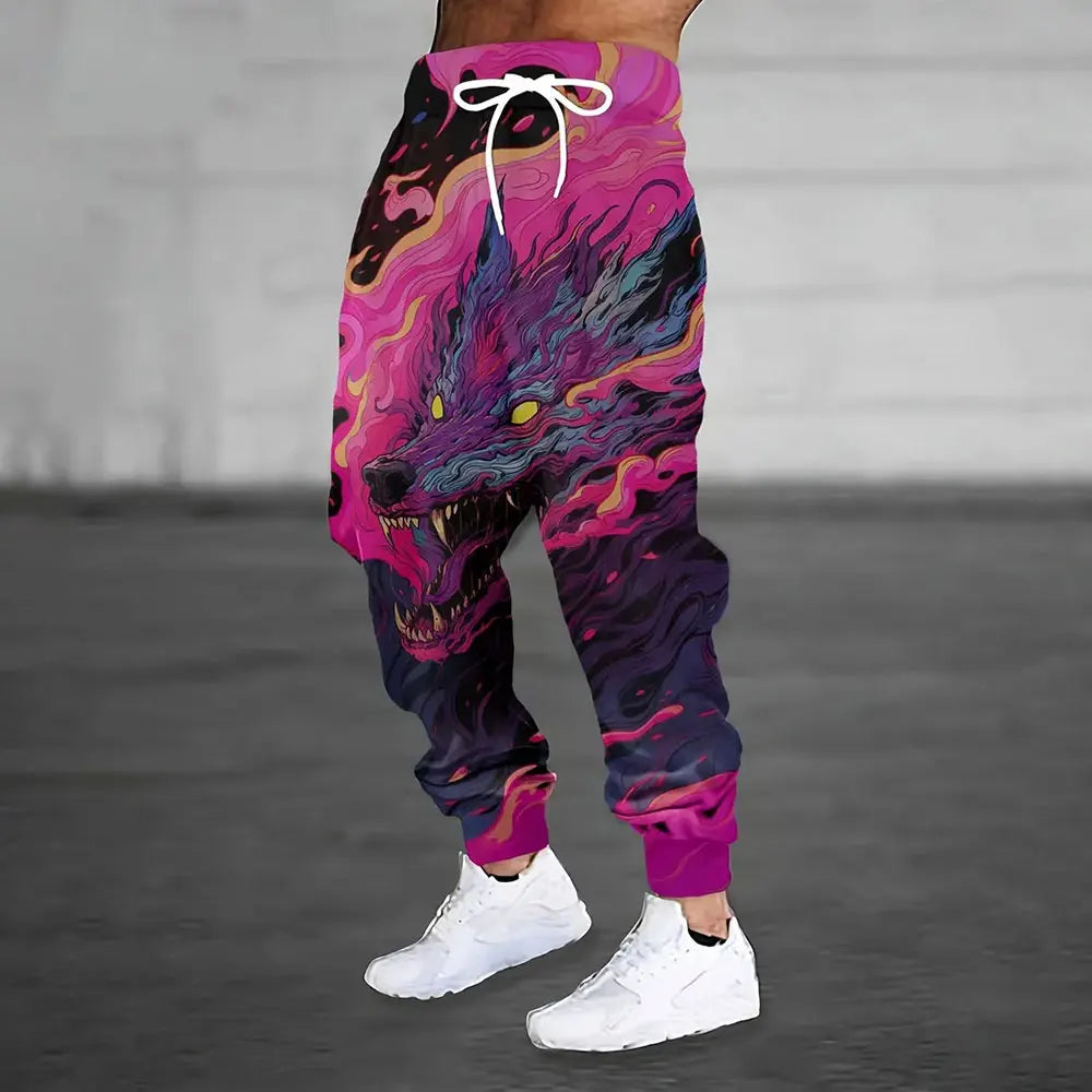 Men's Dragon Print Sweatpants Thick Warm Drawstring Winter