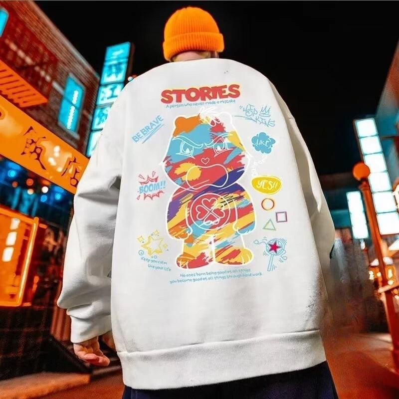 M-8XL Herren Oversized Sweatshirt Mode Lockere Amerikanischer Stil Trendiges Farb-Graffiti Bären-Print Langarm Paar Kleidung