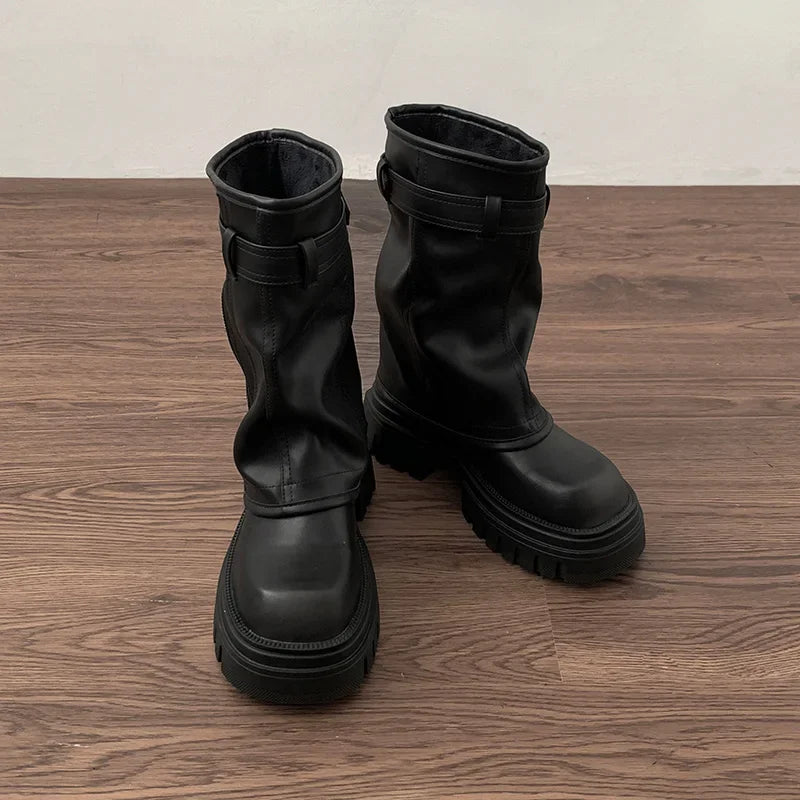 Damen Winter Bikerstiefel Gürtelschnalle Plateau Stiefeletten Freizeit