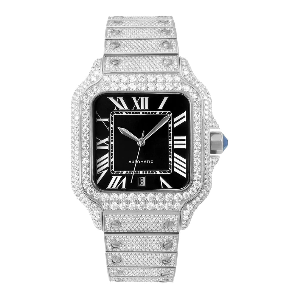 Luxury watch with diamond-studded case and black dial on a white background