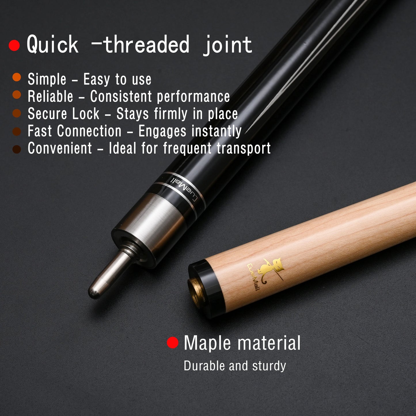 Professioneller Low-Deflection Pool Queue mit Hard Maple Oberteil & 12.75mm Spitze. Quick-3 Gewinde Edelstahlverbindung.