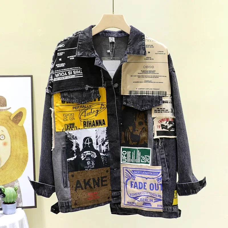 Women's Vintage Denim Jacket – Letter Print Casual