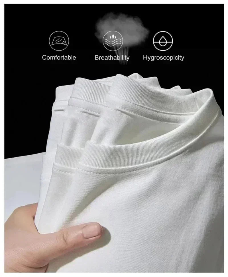 White t-shirt with text labels 'Comfortable', 'Breathability', and 'Hygroscopicity' on a black background.