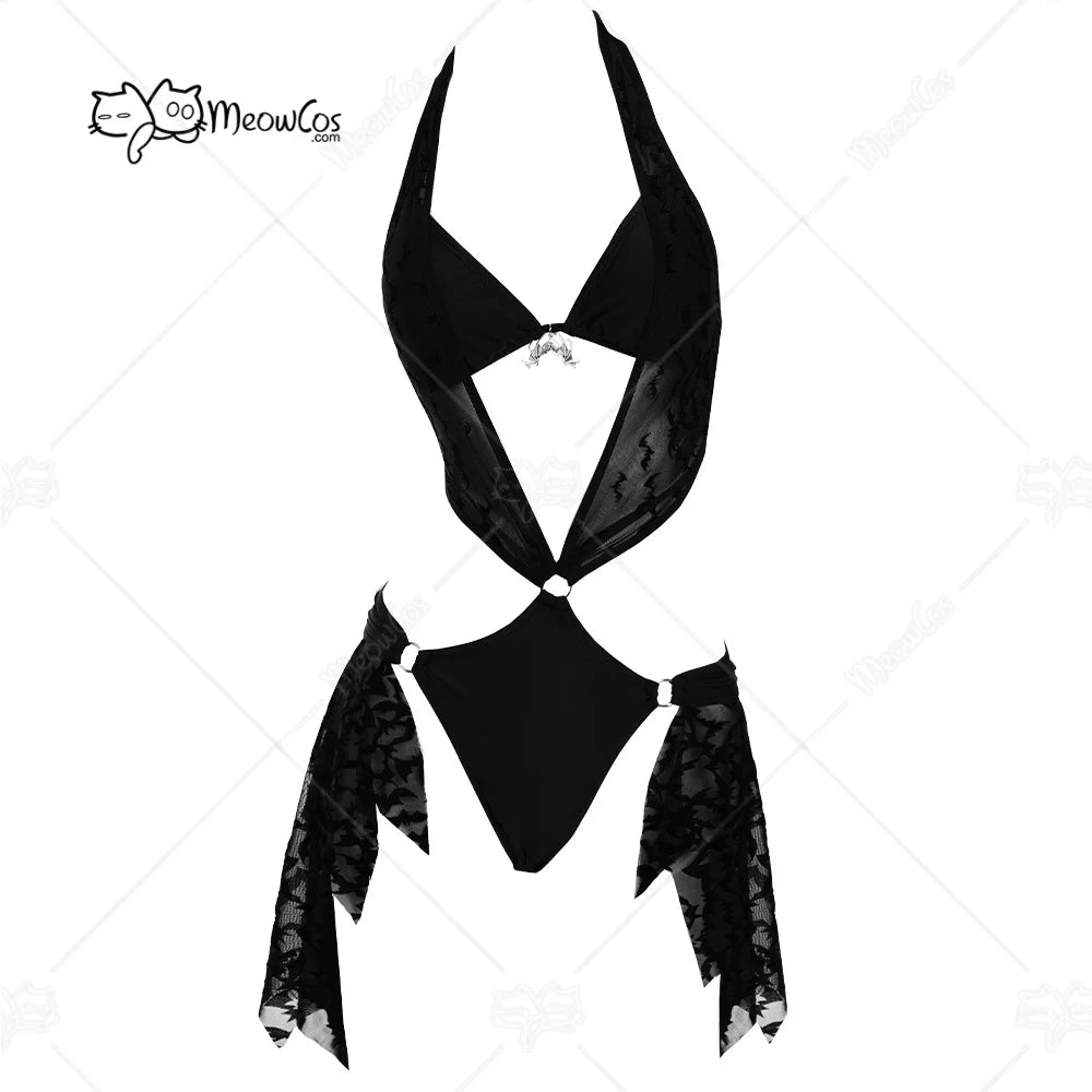 Gothic Black Bat One Piece Swimsuit – Sheer Bodysuit with Bikini Top