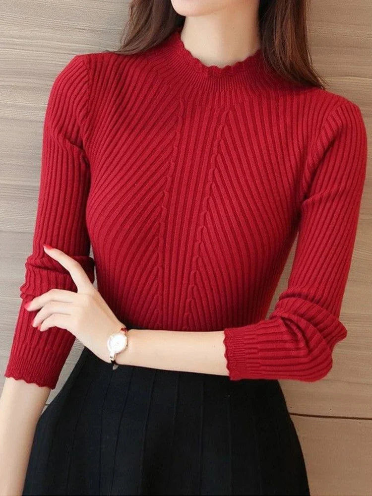 Women's Mock Neck Ruffles Knit Pullover Sweater