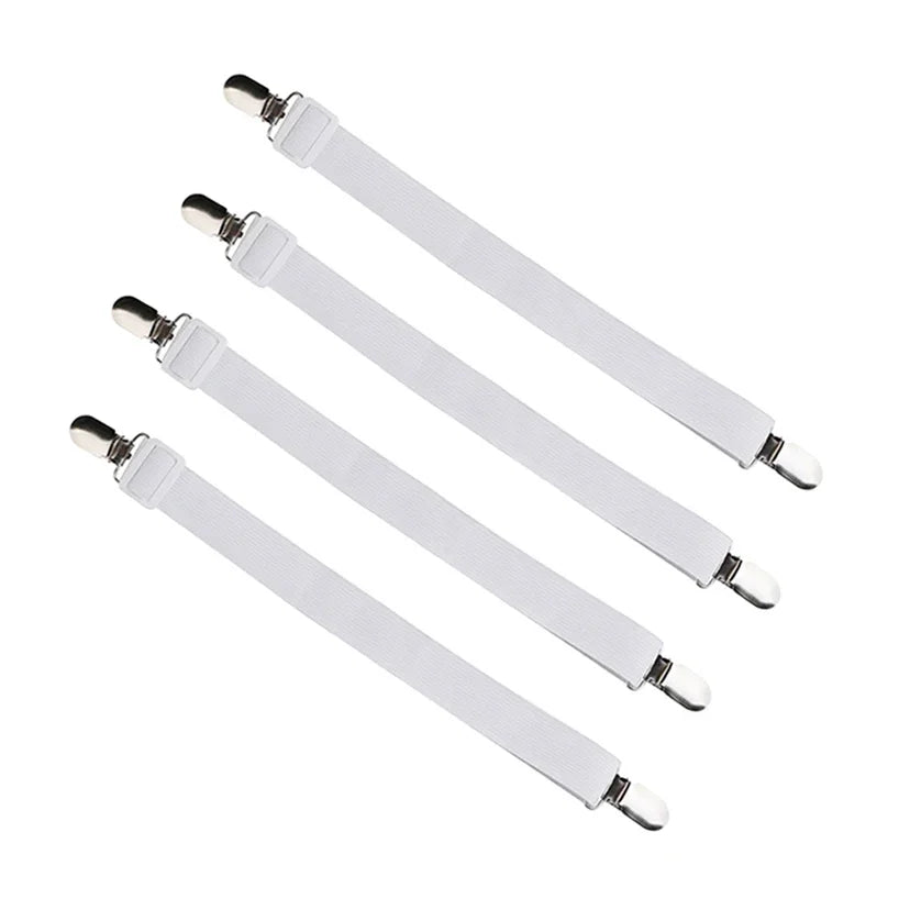 4er-Set verstellbare Bettlaken-Befestigungsbänder, elastische Matratzenbezug-Eckhalter-Clips, Greifer, Hosenträger-Kordel, Haken-Schlaufen-Verschlüsse