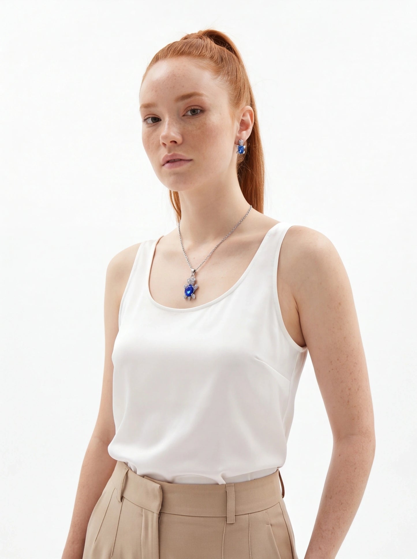 Silver-Plated Turtle Necklace Earrings Set Glass Diamond