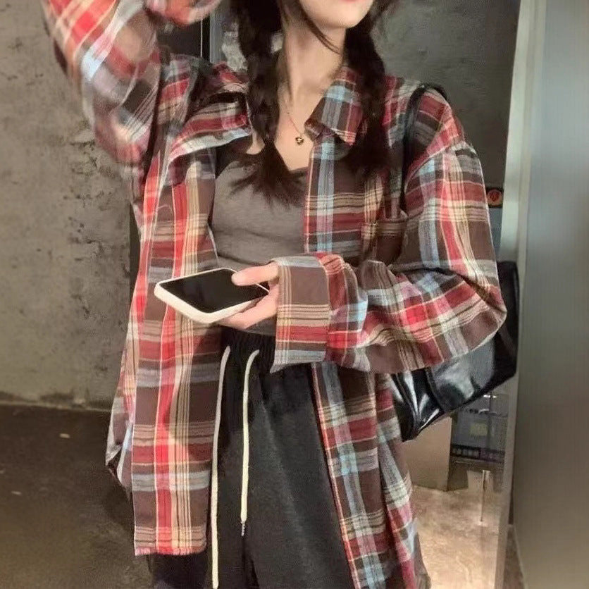 Retro Color Block Plaid Shirt Women Loose Fit Casual Sunscreen Blouse Top