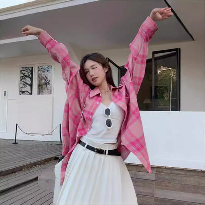 Rose Red Plaid Shirt Women's Mid-Length Loose Hong Style Retro Blouse Jacket