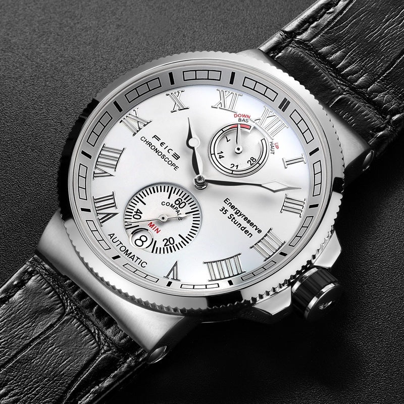Luxury wristwatch with a detailed face and black leather strap on a dark background