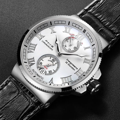 Luxury wristwatch with a detailed face and black leather strap on a dark background