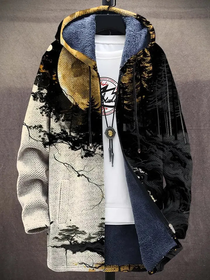 Ink moon landscape unisex plush fleece hooded cardigan coat back view moonlit forest design