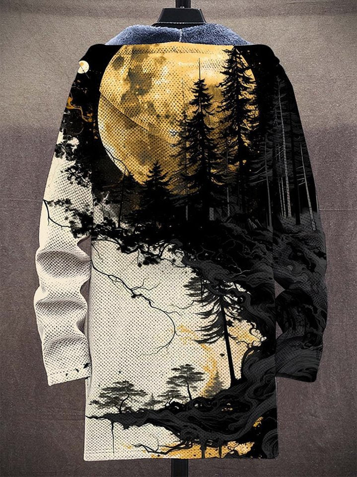 Ink moon landscape unisex plush fleece hooded cardigan coat front view black gold forest print