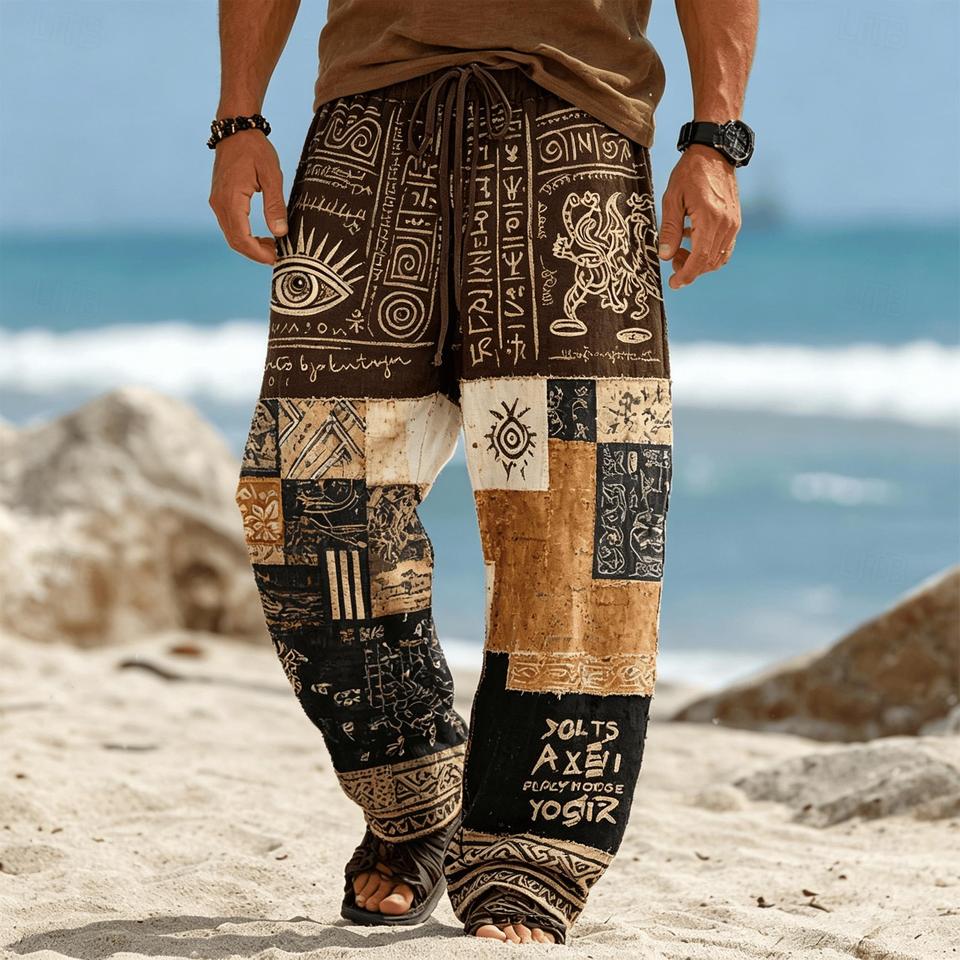 Men's ethnic patch print drawstring pants tribal hieroglyphic motifs brown black cream wide leg