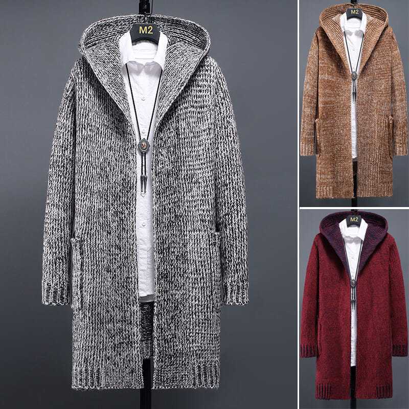 Men's hooded knitted long cardigan coat in grey, khaki, and burgundy — front view