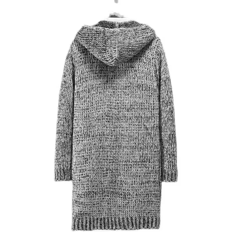 Men's hooded knitted long cardigan coat — back view in grey