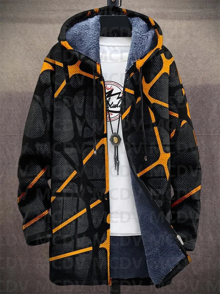 Unisex hooded cardigan coat in charcoal and gold abstract print — open front view