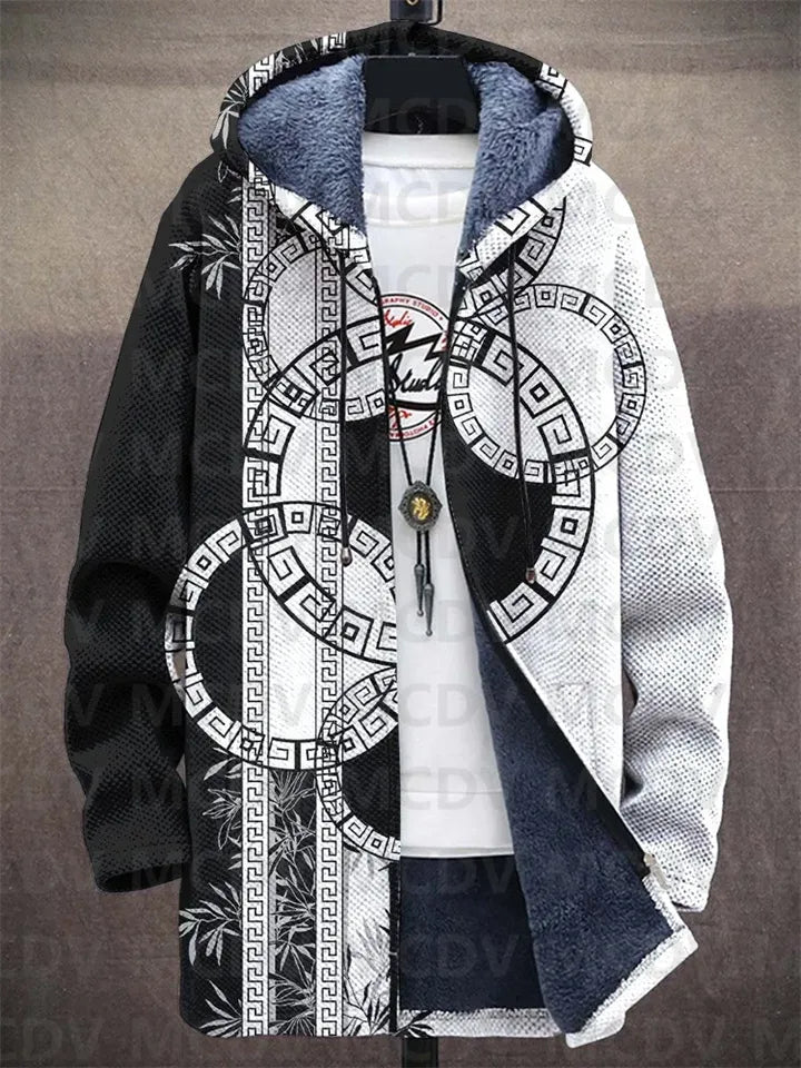 Unisex hooded cardigan coat in black and white geometric art print — styled view