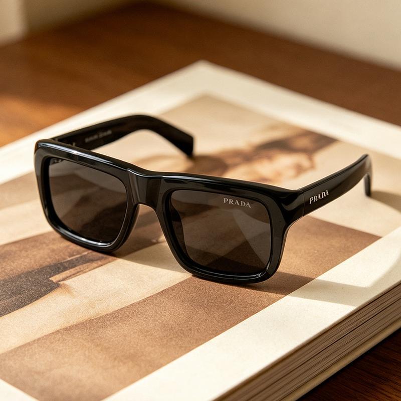 Woman wearing Prada 0PR D11SF black square sunglasses outdoors