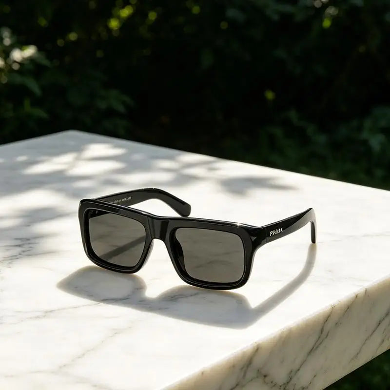 Prada 0PR D11SF black square sunglasses on marble surface