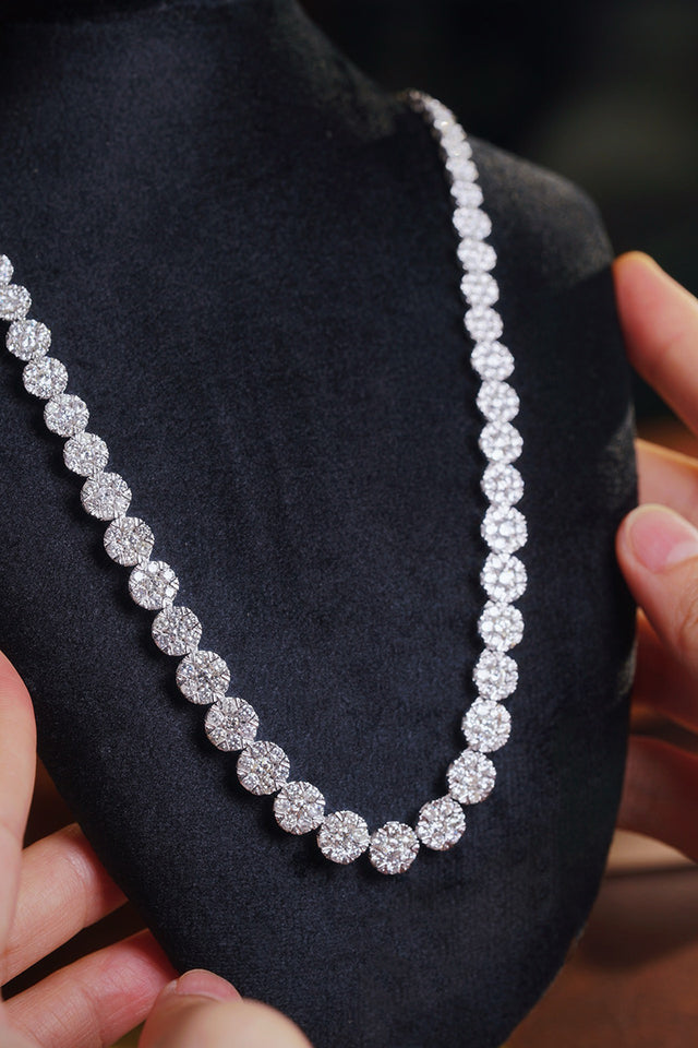 18K White Gold Natural Diamond Cluster Necklace worn by model with matching earrings - front view