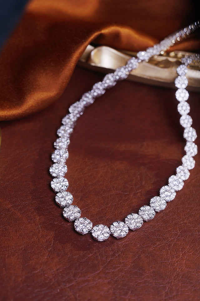 18K White Gold Natural Diamond Cluster Necklace worn by model - side profile view