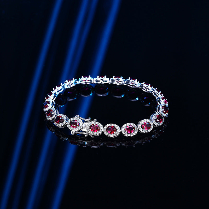 Authentic 18k Platinum Red Corundum Halo Tennis Bracelet  Oval Ruby