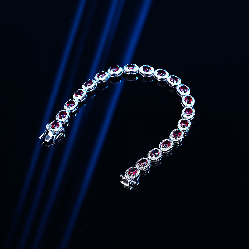 Authentic 18k Platinum Red Corundum Halo Tennis Bracelet  Oval Ruby