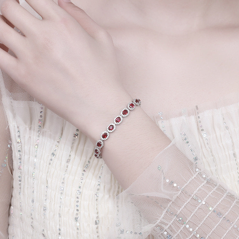 Authentic 18k Platinum Red Corundum Halo Tennis Bracelet  Oval Ruby