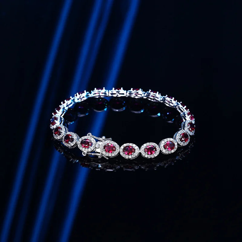Authentic 18k Platinum Red Corundum Halo Tennis Bracelet  Oval Ruby