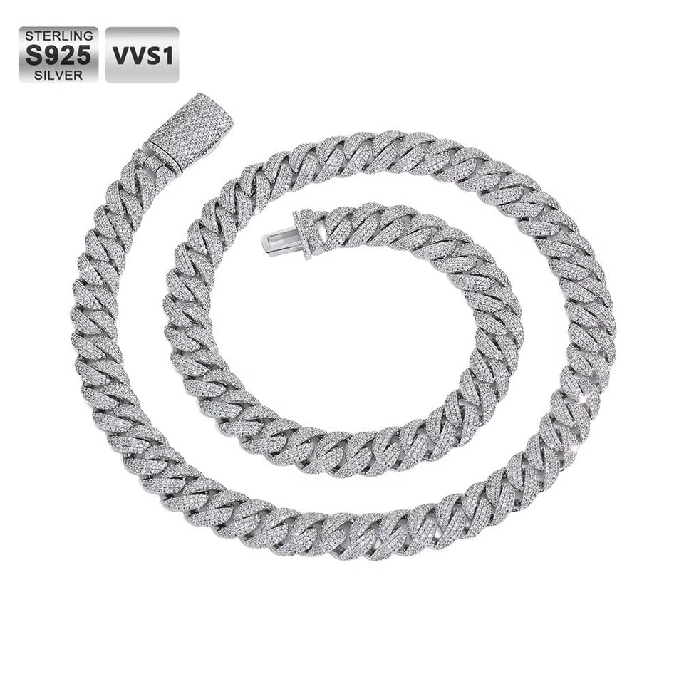 Riviere VVS1 Moissanite Iced Out Miami Cuban Link Chain S925 Sterling Silver - coiled view with S925 and VVS1 badges
