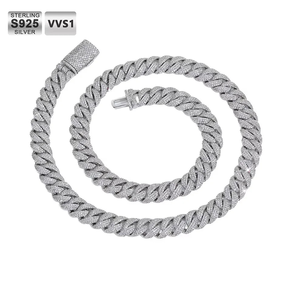 Riviere VVS1 Moissanite Iced Out Miami Cuban Link Chain S925 Sterling Silver - coiled flat lay view