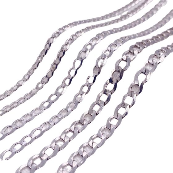 925 Sterling Silver Cuban Link Chain Necklace - Geometric Side Cut Links on fabric