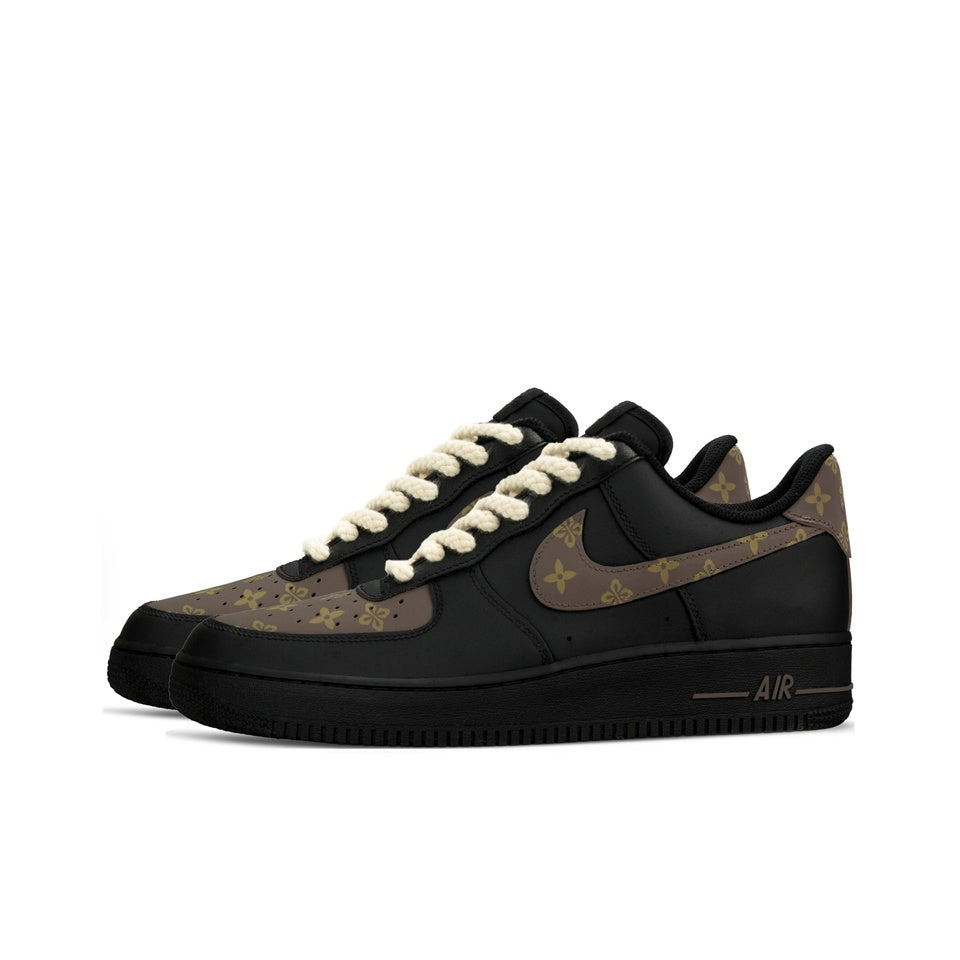Custom black brown monogram sneakers side profile right