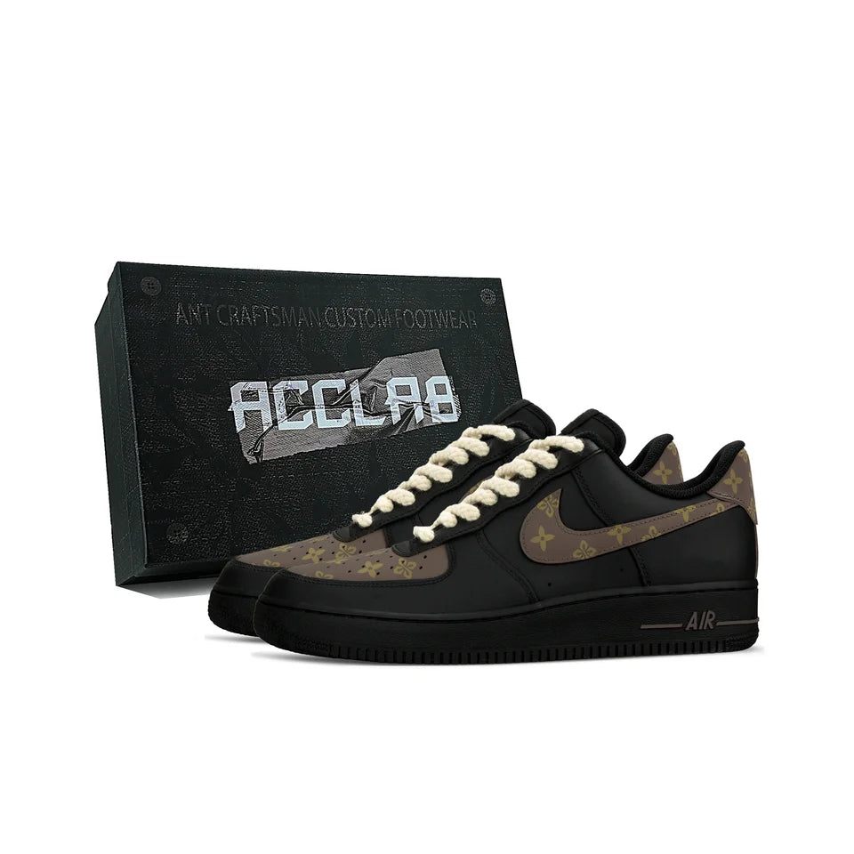 Custom black brown monogram sneakers angled pair view
