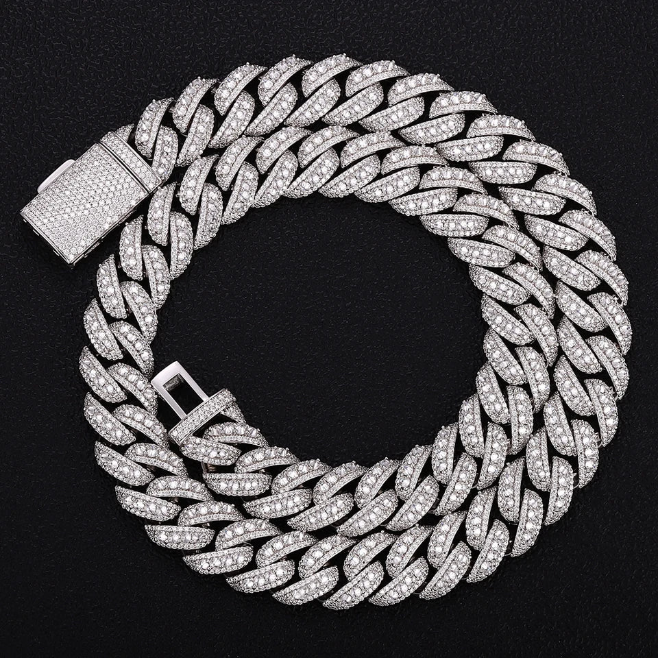 Iced out Cuban link chain 15mm 3-row Moissanite flat lay