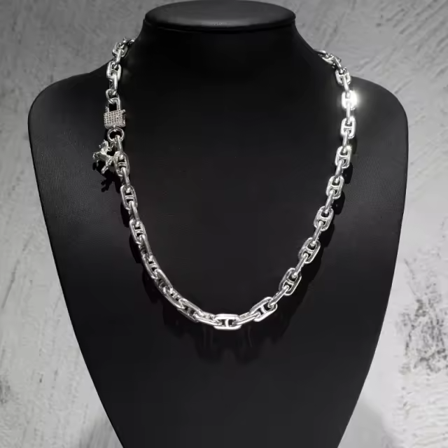 Teglex 925 sterling silver 8mm anchor chain necklace with moissanite diamond clasp and lion charm