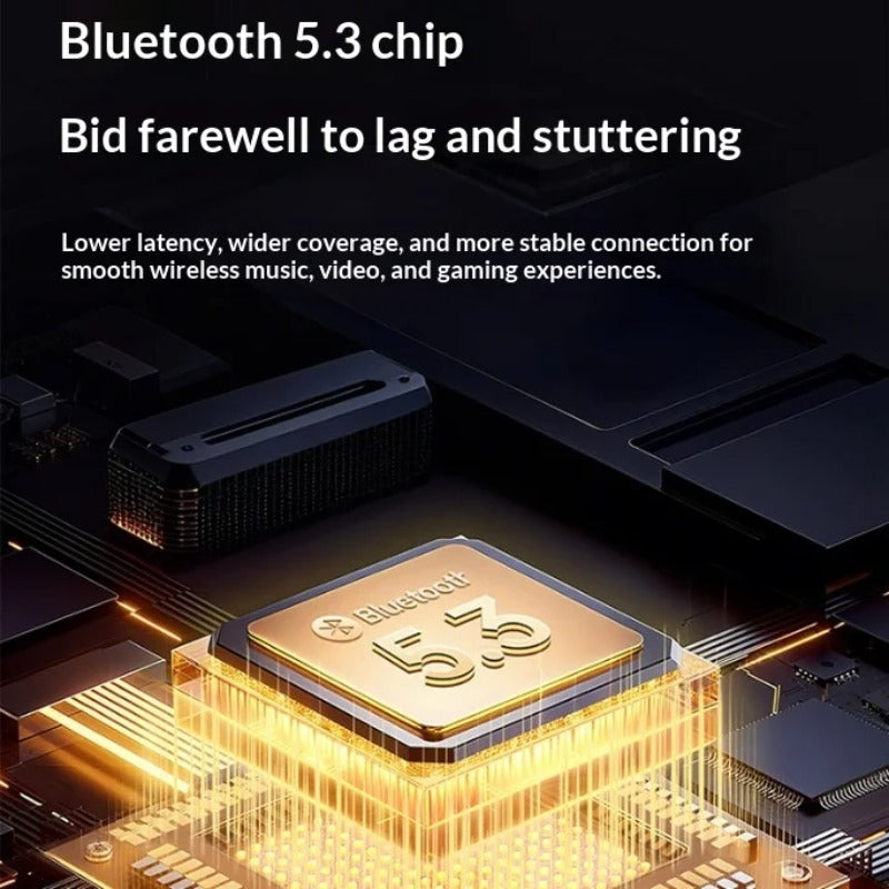 Bluetooth 5.3 chip – low latency stable wireless connection for music video gaming