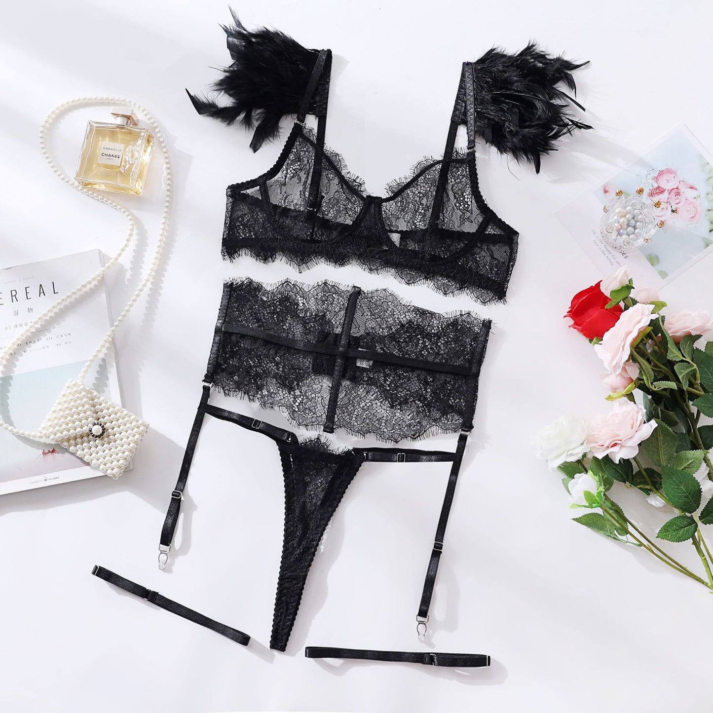 Feather Lingerie Lace Transparent Set Seductive Underwear  Cross-border 4-Piece Set