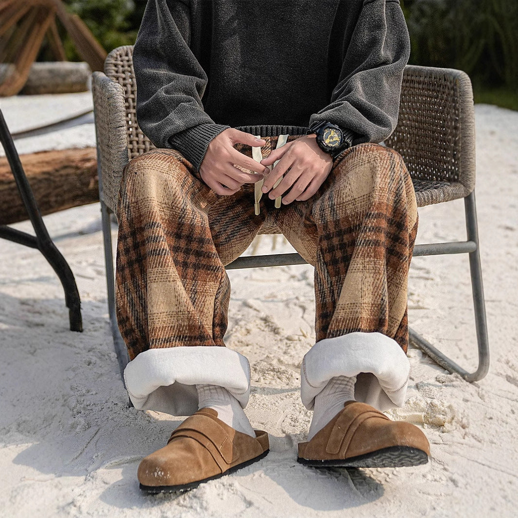 Casual Checkered Wool Pants Men Plus Velvet Thickened Cotton Trousers Youth Loose Wide Leg Pants