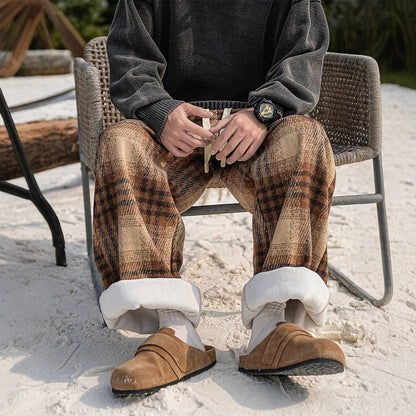 Casual Checkered Wool Pants Men Plus Velvet Thickened Cotton Trousers Youth Loose Wide Leg Pants