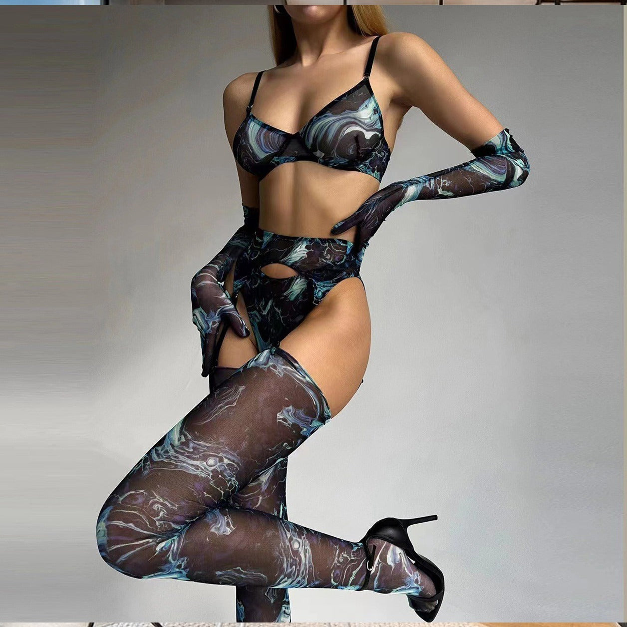 Tie-Dye Colorful Small Bust Gathering Mesh Sexy Lingerie Five-Piece Set for Women