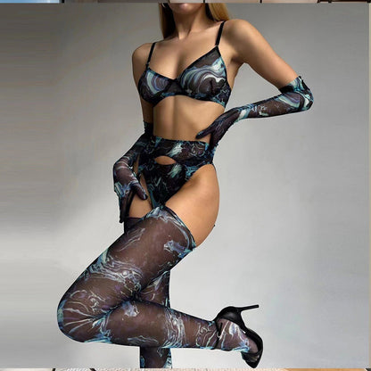 Tie-Dye Colorful Small Bust Gathering Mesh Sexy Lingerie Five-Piece Set for Women