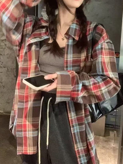 Retro Color Block Plaid Shirt Women Loose Fit Casual Sunscreen Blouse Top