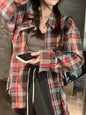 Retro Color Block Plaid Shirt Women Loose Fit Casual Sunscreen Blouse Top