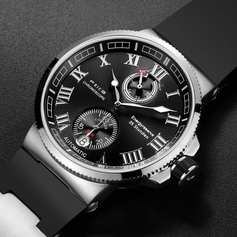 Luxury watch with black dial and silver case on a dark background