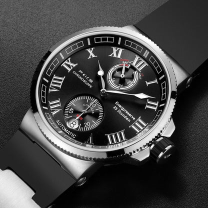 Luxury watch with black dial and silver case on a dark background