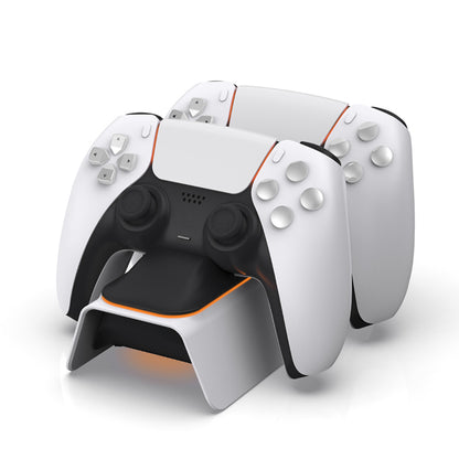 White gaming controller with black accents on a white background
